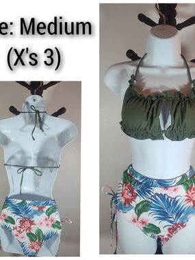 Olive Green Ruffle Bikini Top with Tropical High-Waist Bottoms